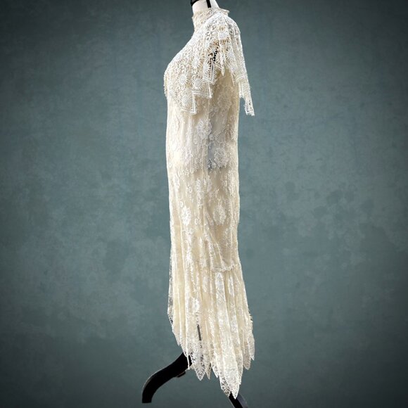 VTG 80s JESSICA MCCLINTOCK Ivory Lace Victorian Style Wedding Dress High Neck 6 - Picture 9 of 12